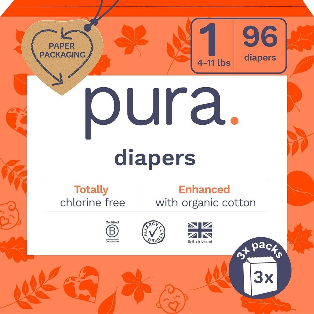 Pura Hypoallergenic Diapers Size 1 (4-11 lbs) Newborn Organic Cotton 96 Count